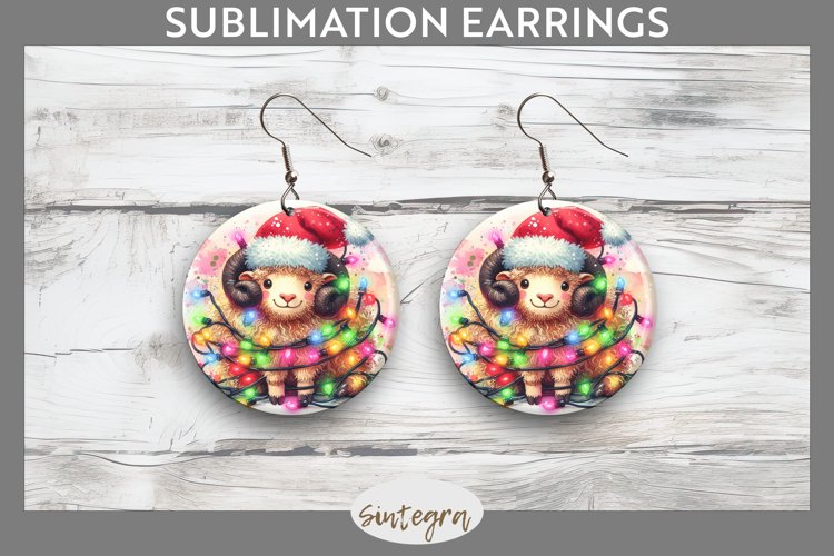 Christmas Ram v1 Entangled in Lights Round Earrings PNG