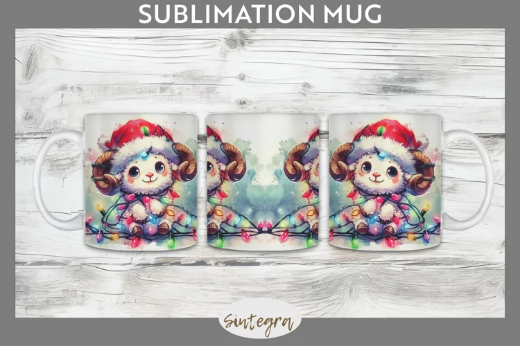 Christmas Ram v4 Entangled in Lights Mug Wrap Sublimation