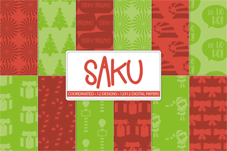 Christmas Digital Paper Pack, Red Green Patterns Background