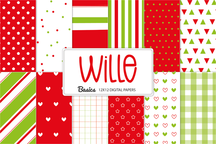 Christmas digital paper pack in red and green with festive basic patterns including stripes, dots, hearts, and stars.