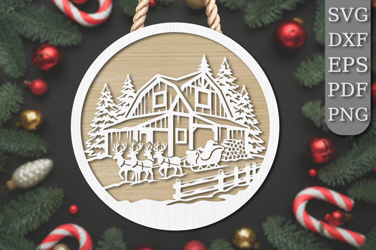 Christmas Reindeer Barn Sleigh Laser Cut SVG example image 1