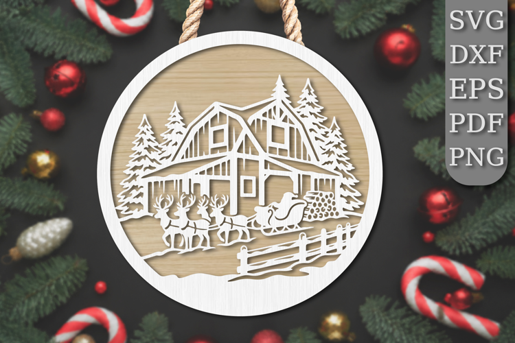 Christmas Reindeer Barn Sleigh Laser Cut SVG
