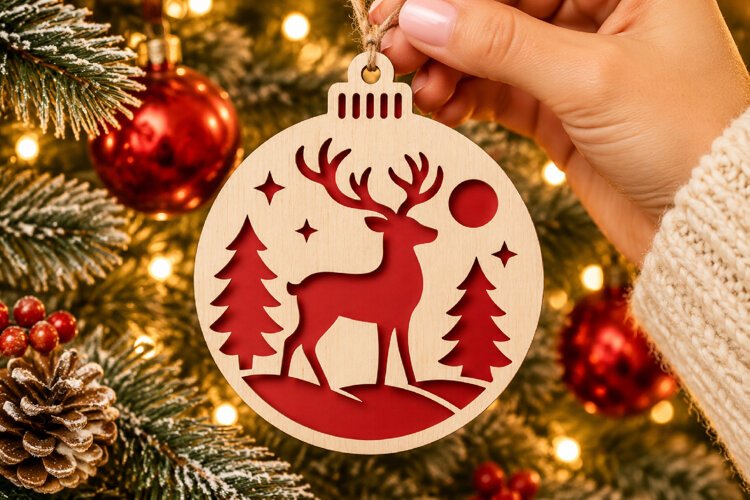 Christmas Reindeer Ornament SVG, Laser Cut Forest Decor example image 1