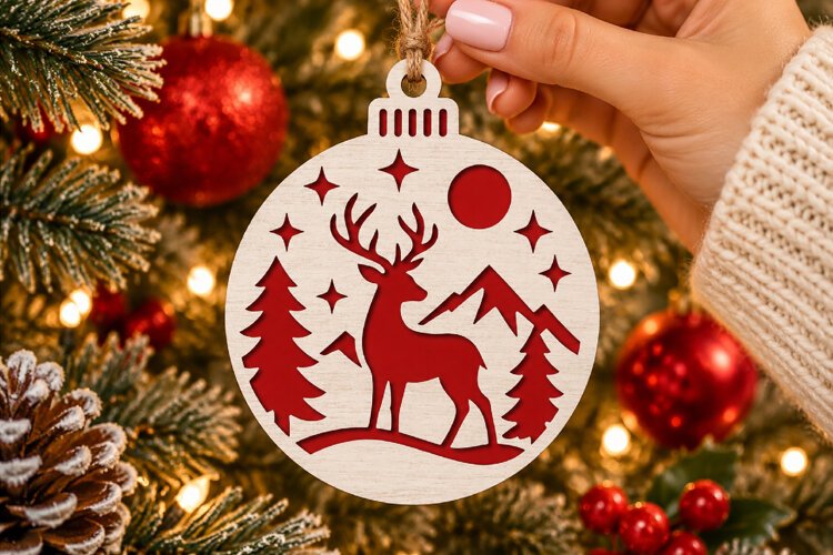 Christmas Reindeer Ornament SVG, Laser Cut Mountain Scene example image 1