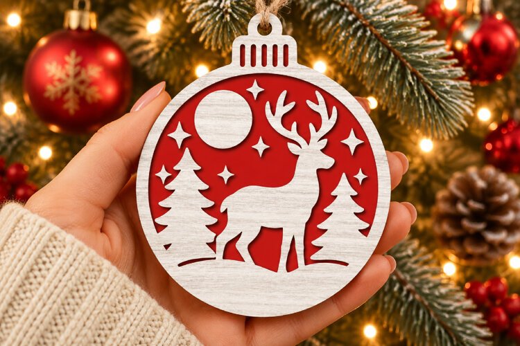 Christmas Reindeer Ornament SVG, Laser Cut Winter Forest example image 1