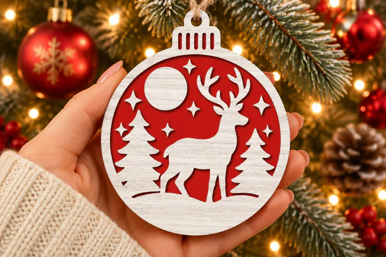 Christmas Reindeer Ornament SVG, Laser Cut Winter Forest