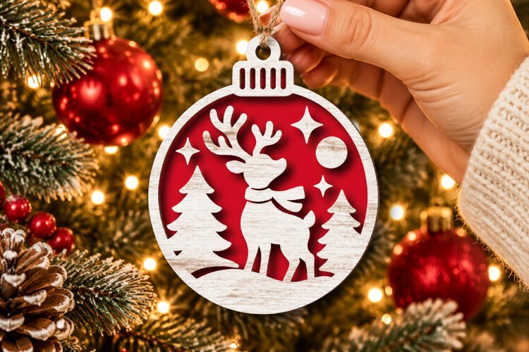 Christmas Reindeer Ornament SVG, Laser Cut Woodland Bauble example image 1