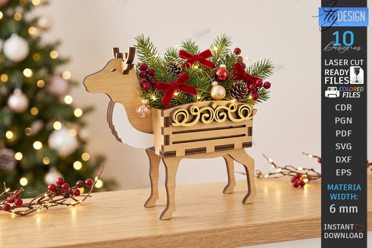 Christmas Reindeer Planter Decor Laser Cut | 3D Reindeer example image 1