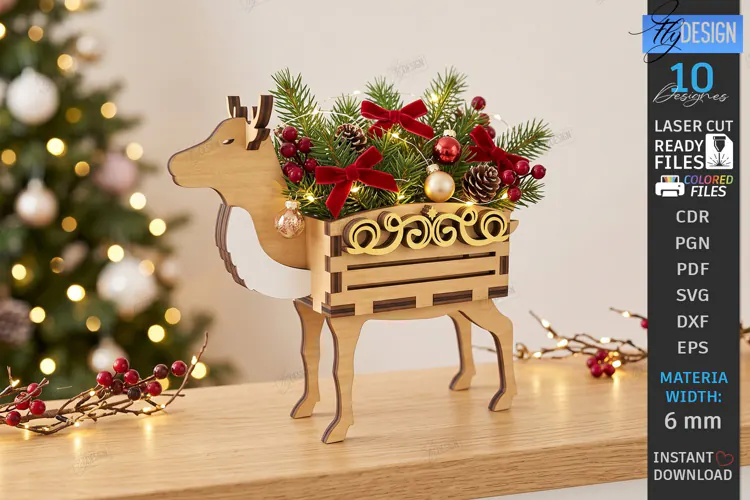 Christmas Reindeer Planter Decor Laser Cut | 3D Reindeer