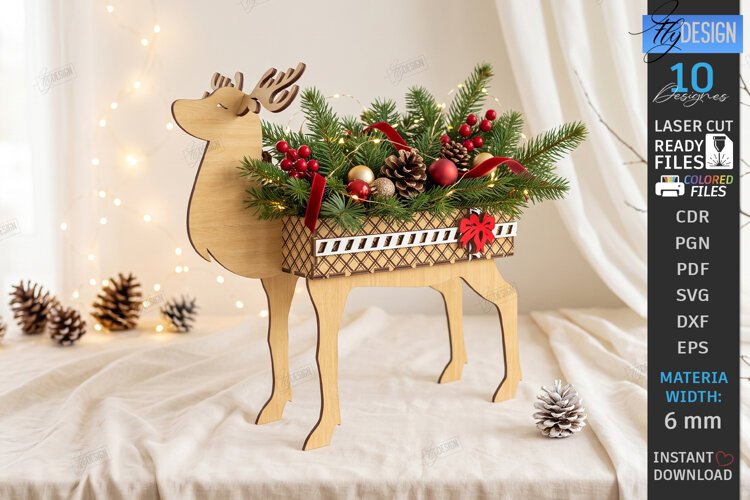 Christmas Reindeer Planter Decor Laser Cut | 3D Reindeer example image 1