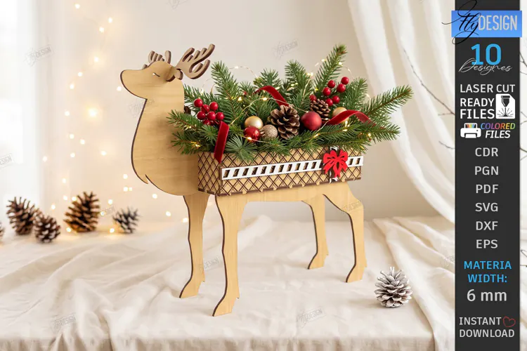 Christmas Reindeer Planter Decor Laser Cut | 3D Reindeer