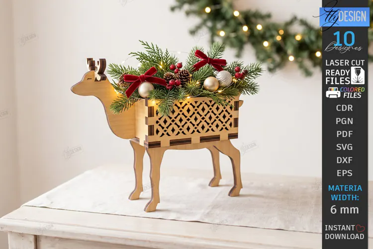 Christmas Reindeer Planter Decor Laser Cut | 3D Reindeer