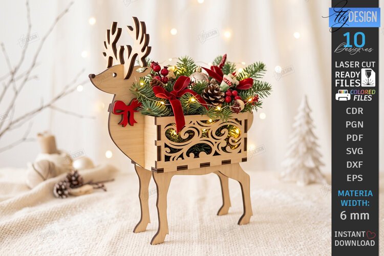 Christmas Reindeer Planter Decor Laser Cut | 3D Reindeer example image 1