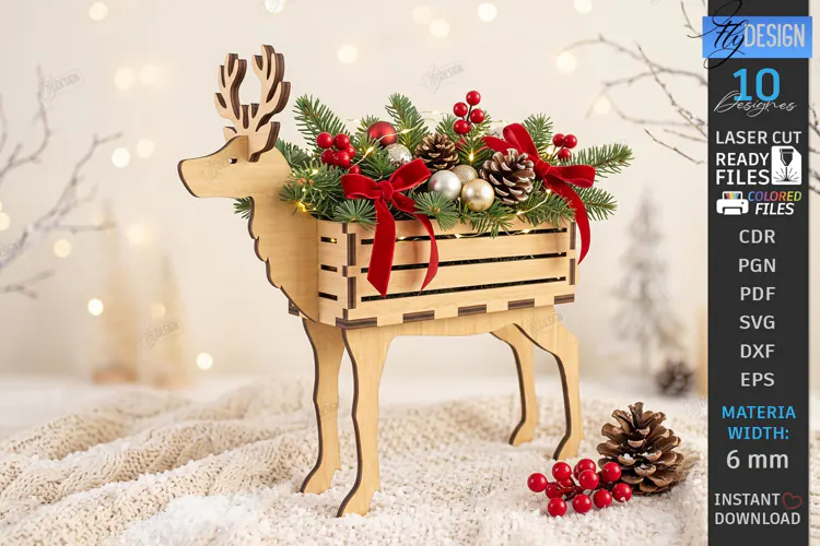 Christmas Reindeer Planter Decor Laser Cut | 3D Reindeer