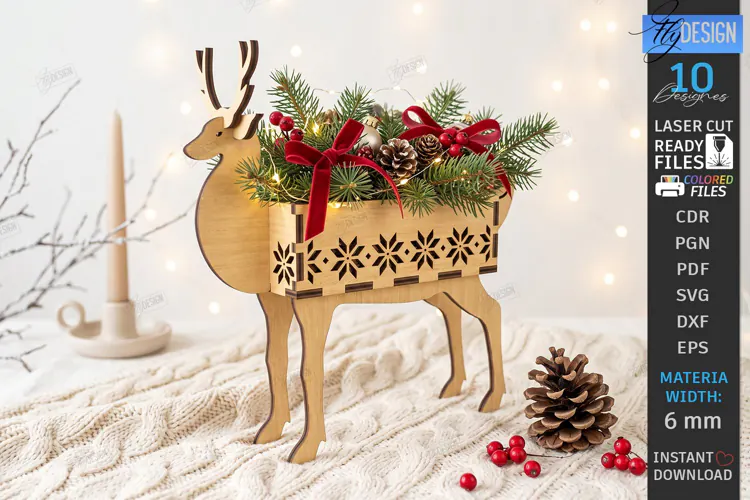 Christmas Reindeer Planter Decor Laser Cut | 3D Reindeer
