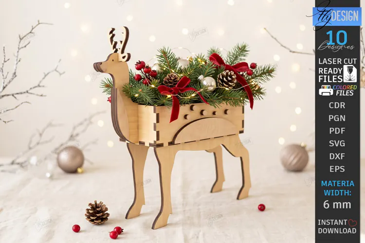 Christmas Reindeer Planter Decor Laser Cut | 3D Reindeer
