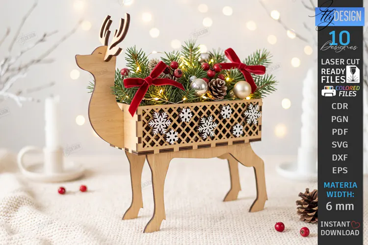 Christmas Reindeer Planter Decor Laser Cut | 3D Reindeer