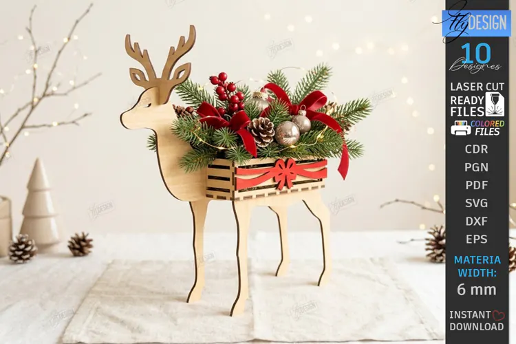 Christmas Reindeer Planter Decor Laser Cut | 3D Reindeer