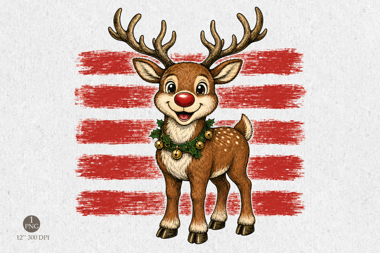 Christmas Reindeer PNG, Cute Rudolph with Red Stripes PNG