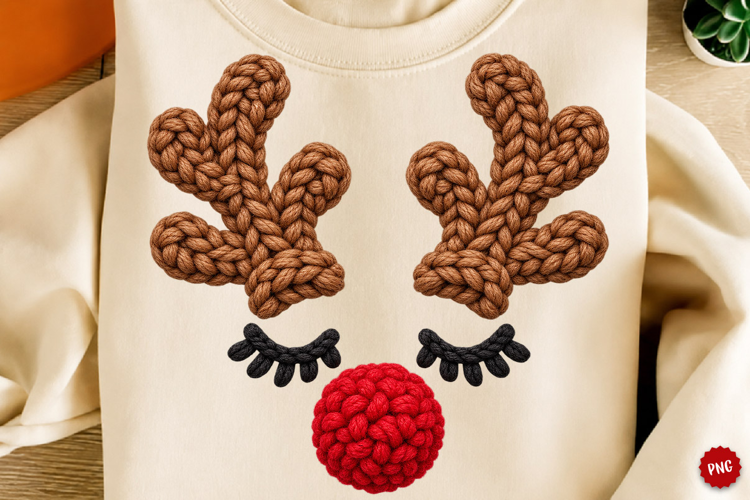 Christmas Reindeer PNG, Knitted Red Nose Face Sublimation