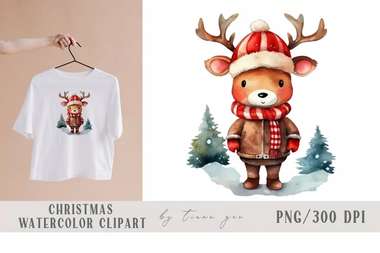 Cute watercolor Christmas reindeer baby clipart- 1 png file