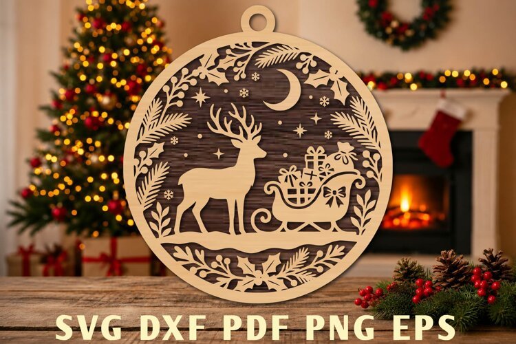 Christmas Reindeer Sleigh Laser Cut SVG example image 1