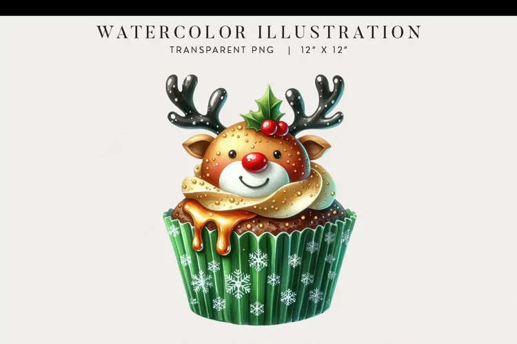 Christmas Reindeer Watercolor Cupcake Clipart
