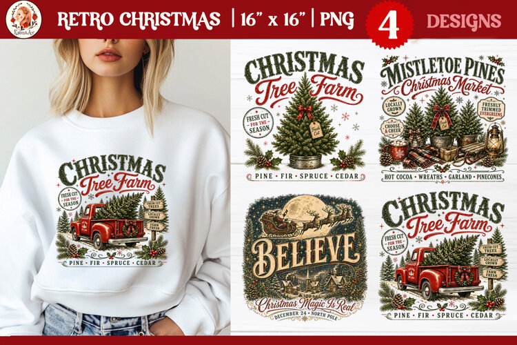 Vintage Christmas PNG, retro Christmas tree farm, red truck example image 1
