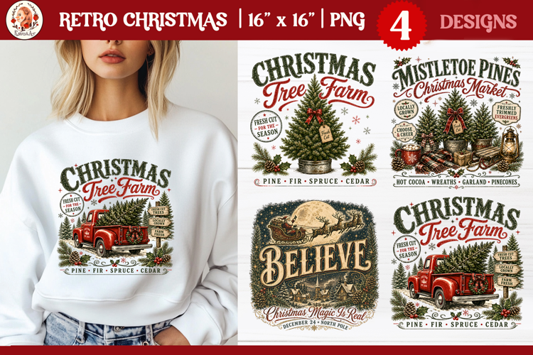 Vintage Christmas PNG, retro Christmas tree farm, red truck