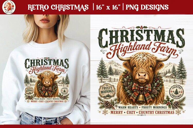 Retro Christmas Highland Cow PNG example image 1