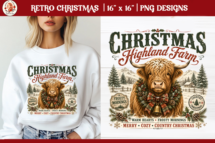 Retro Christmas Highland Cow PNG