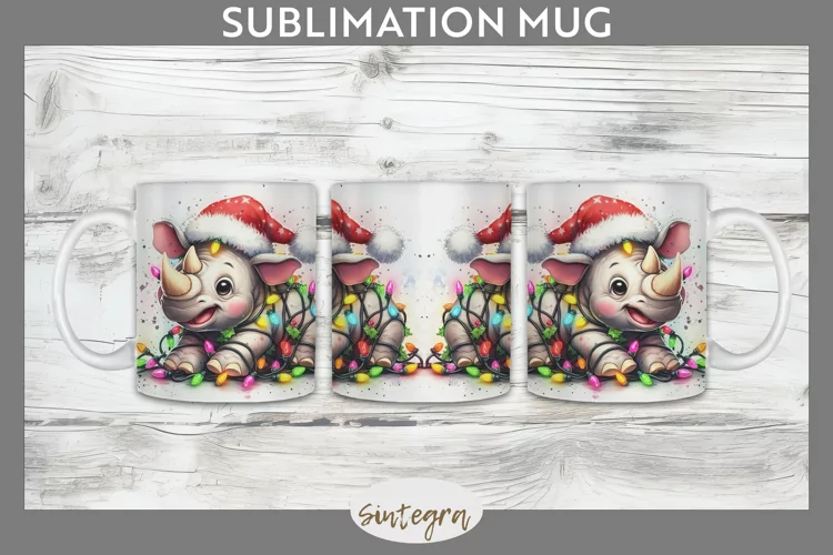 Christmas Rhino v1 Entangled in Lights Mug Wrap Sublimation