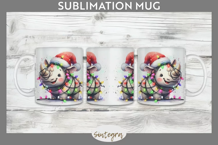 Christmas Rhino v3 Entangled in Lights Mug Wrap Sublimation