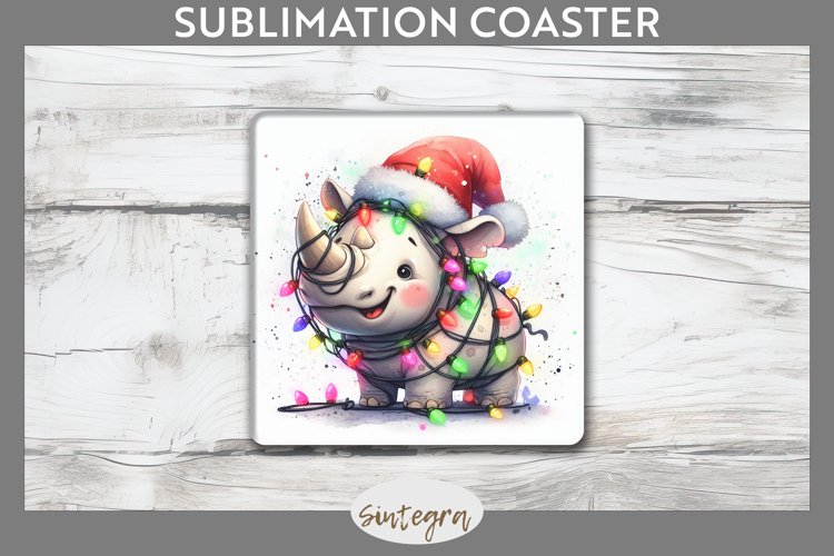 Christmas Rhino v3 Entangled in Lights Square Coaster PNG