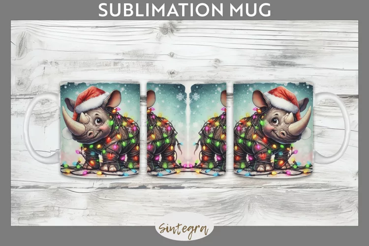 Christmas Rhino v4 Entangled in Lights Mug Wrap Sublimation