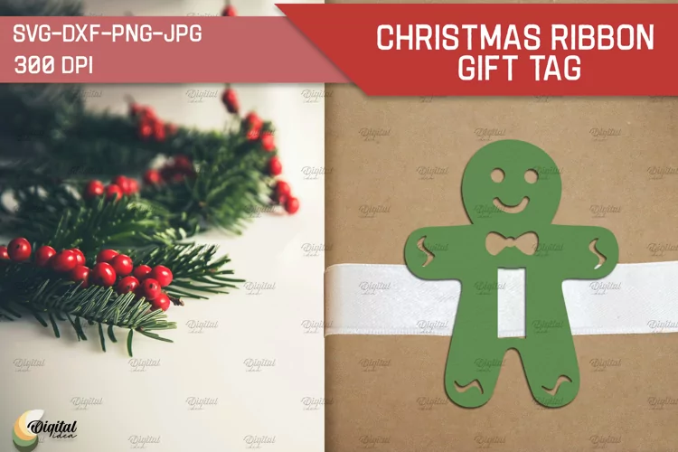 Gingerbread Man Paper Cut. Christmas Ribbon Gift Tag