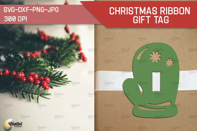 Mittens Paper Cut. Christmas Ribbon Gift Tag SVG