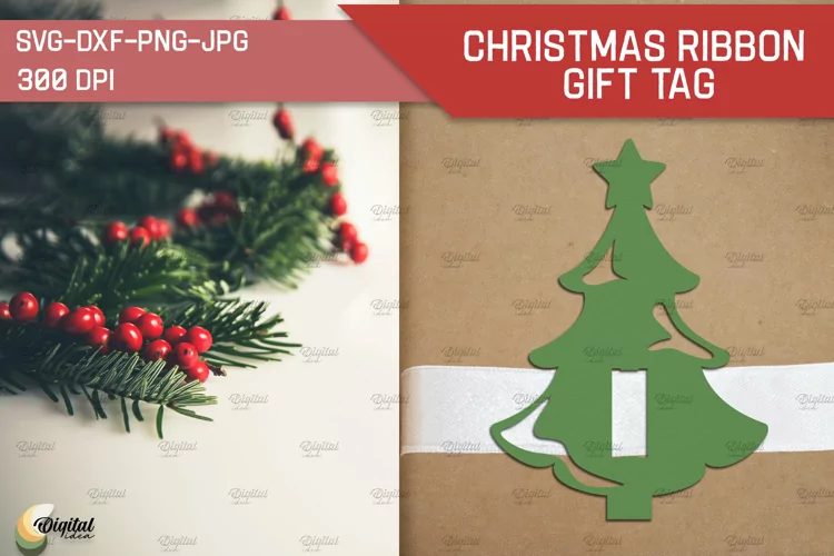 Christmas Tree Paper Cut. Christmas Ribbon Gift Tag