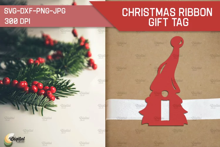 Gnome Paper Cut. Christmas Ribbon Gift Tag SVG