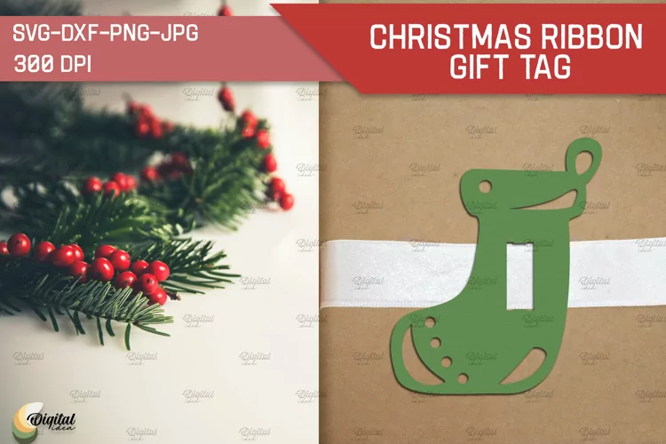 Santa Boot Paper Cut. Christmas Ribbon Gift Tag SVG