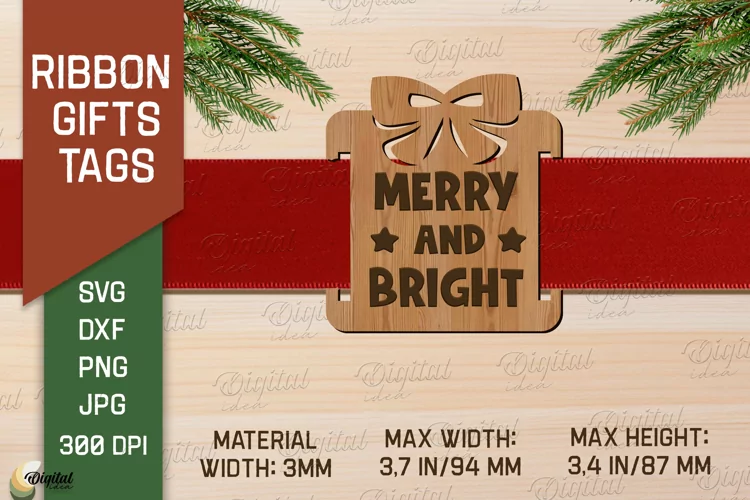Merry And Bright. Christmas Ribbon Gift Tag Laser Cut