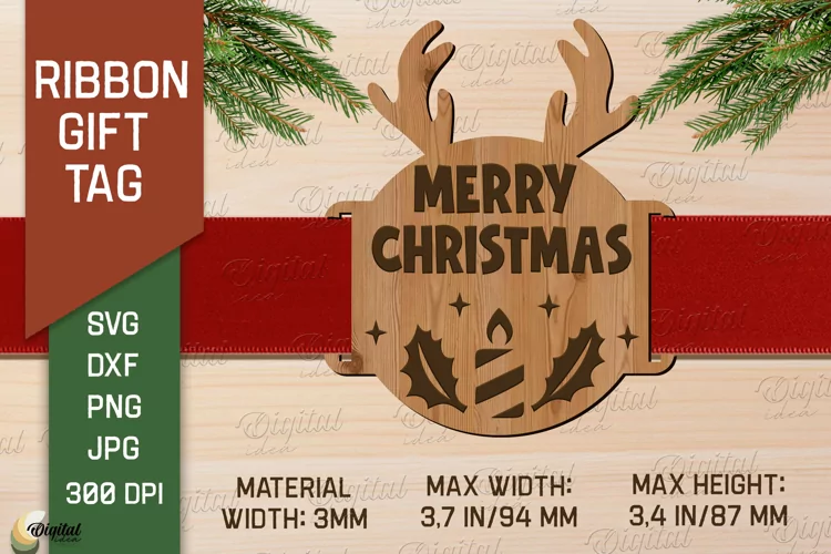 Merry Christmas SVG. Christmas Ribbon Gift Tag Laser Cut