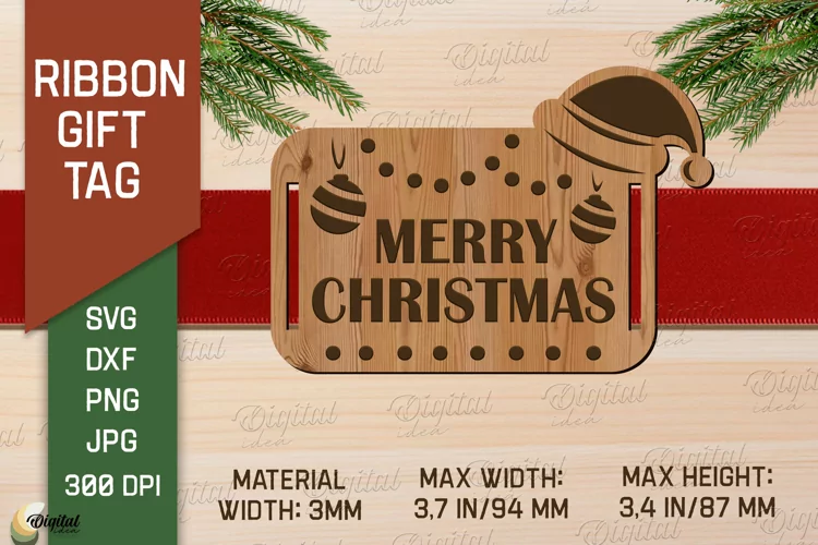 Merry XMas SVG. Christmas Ribbon Gift Tag Laser Cut.