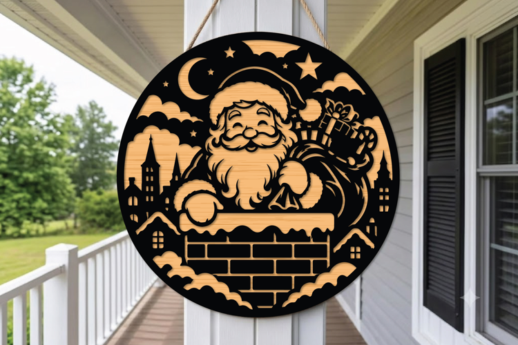 Christmas Round Laser Cutting Design, Santa Claus on Roof