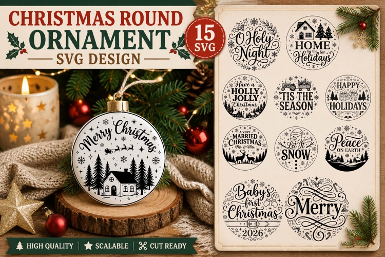 Christmas Round Ornament SVG Design, Holiday Round Ornament