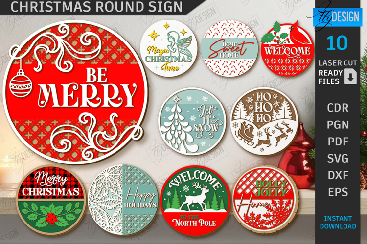 Christmas Round Signs Laser Cut Bundle, Layered Welcome Sign