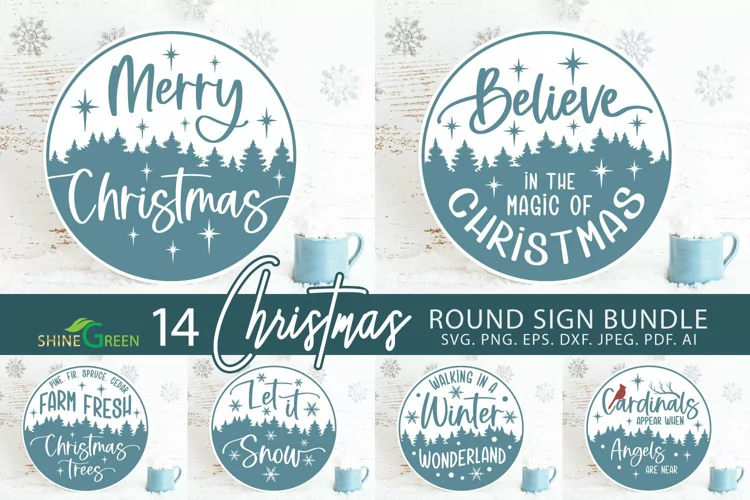 Christmas Bundle with 14 SVG Round Door Signs, Ornaments