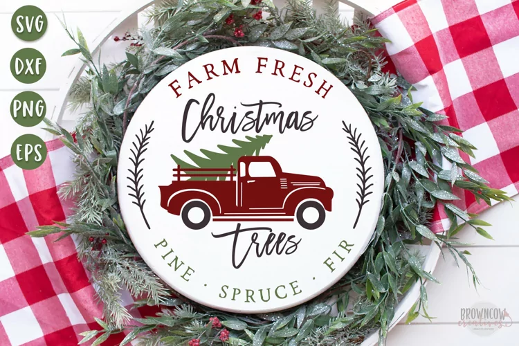 Round Farmhouse Christmas Sign SVG, Christmas Truck SVG
