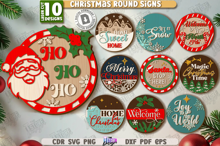 Christmas Round Signs Laser Cut Bundle, Round Layered Signs