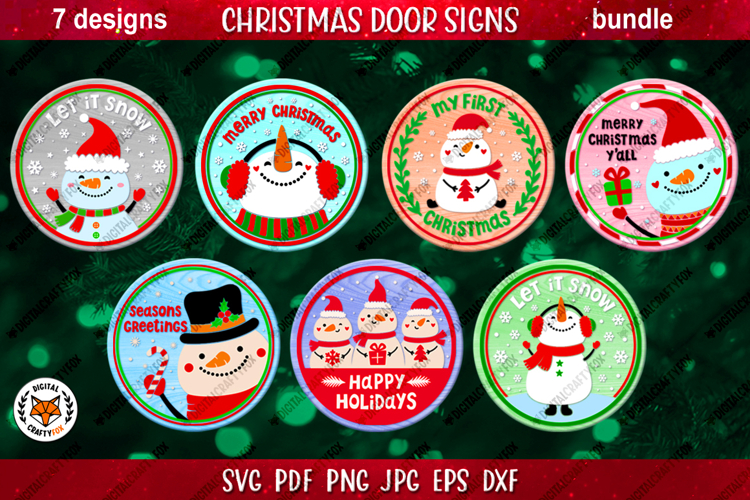 Christmas Round Sign Bundle SVG, Snowman Door Sign
